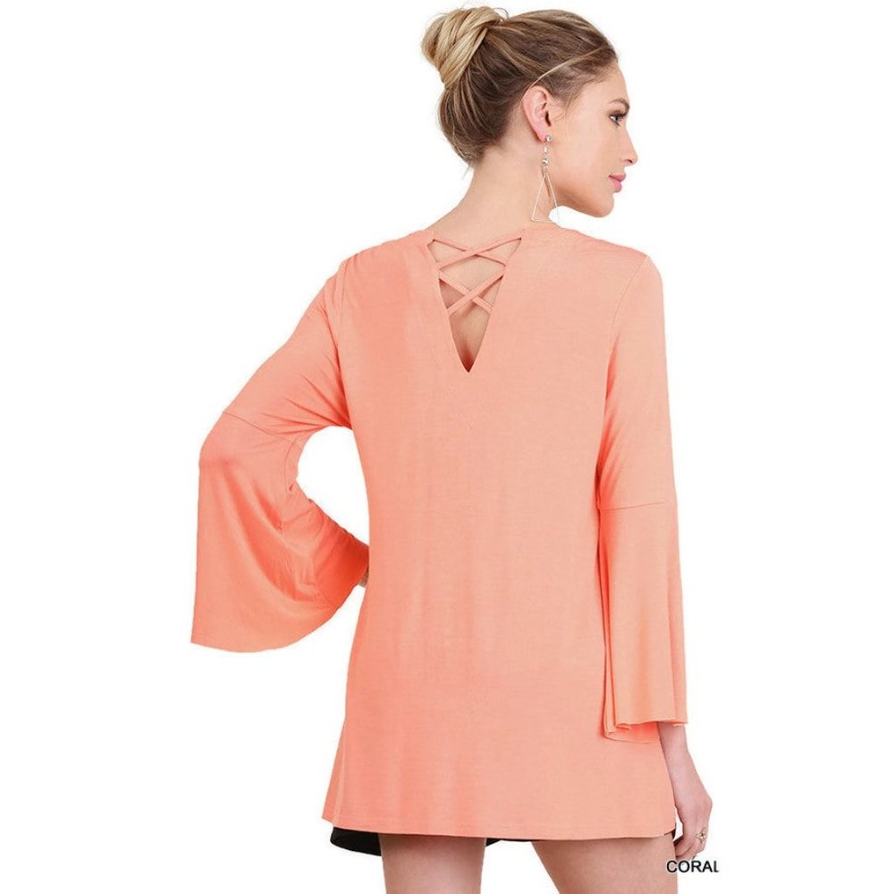 Umgee Crossed Neck Bell Sleeve Tunic, Coral - Picture 2 of 3